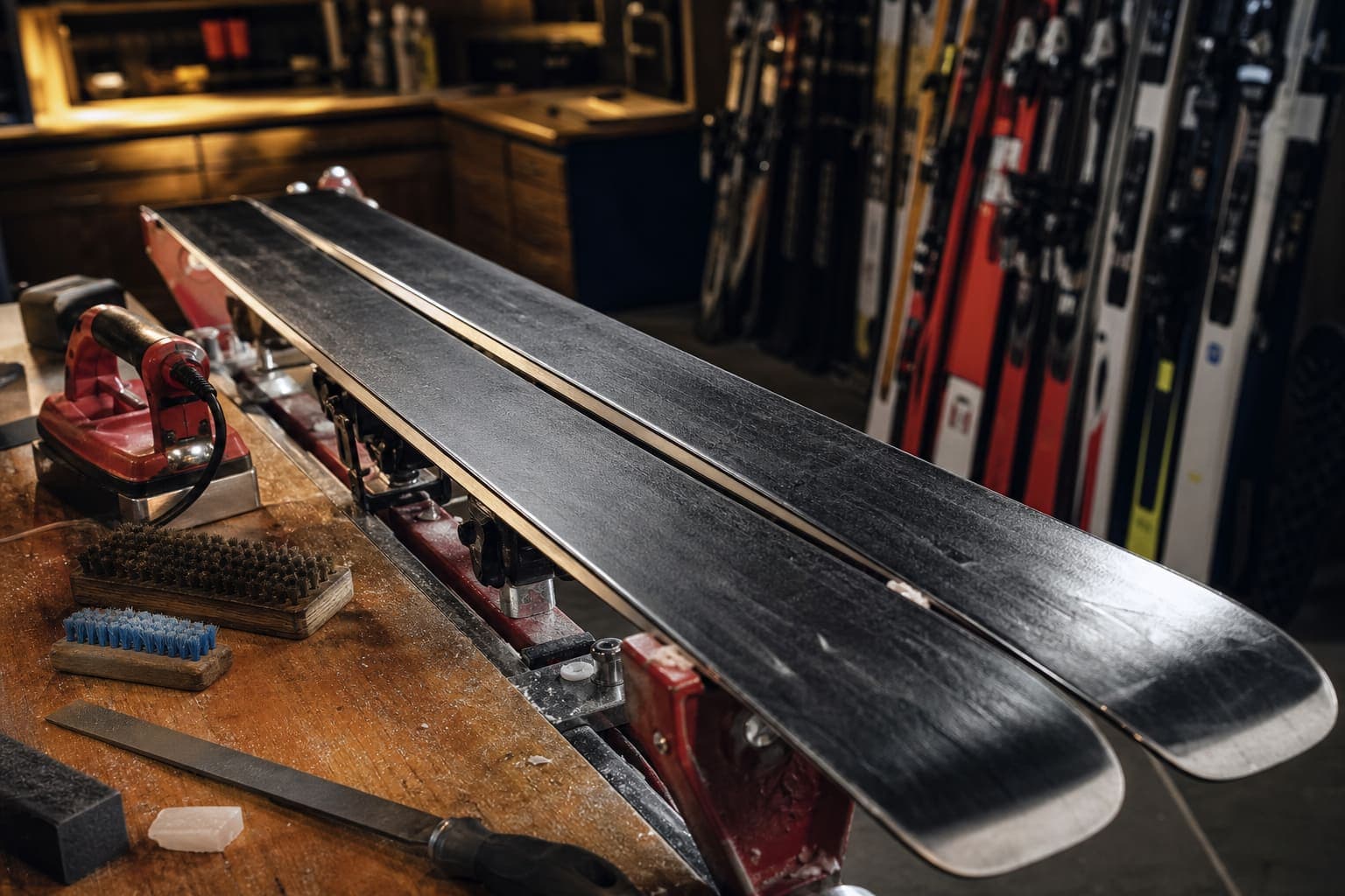 Alpine skis on the FIRN tuning bench